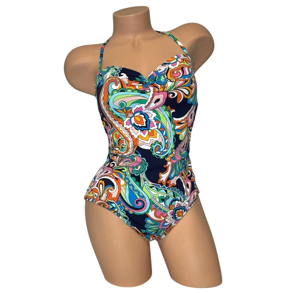 Tommy Bahama Women's Size 10 Paisley Bandeau Strapless One‎ Piece Swimsuit Blue